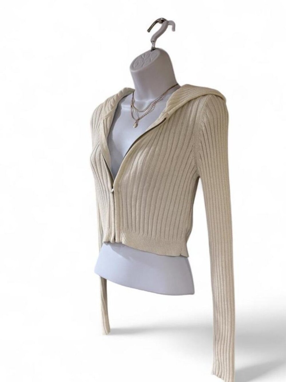 Aeropostale Cream Ribbed Knit Zip Hoodie - Picture 5 of 8